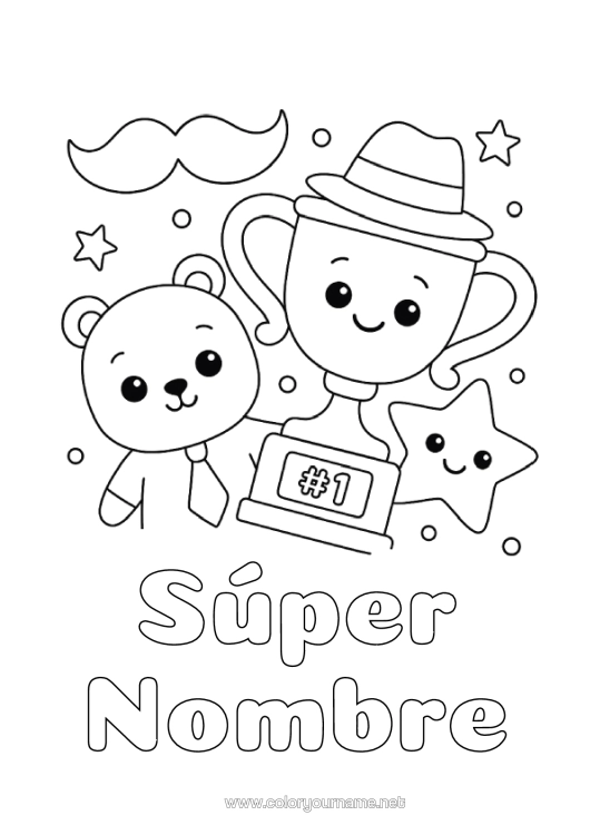 Dibujo para colorear para imprimir Llevar Kawaii Copa, Trofeo, Medalla Sombrero Estrellas Animales Del Bosque Competitions And Rewards Bigote Copa, Trofeo