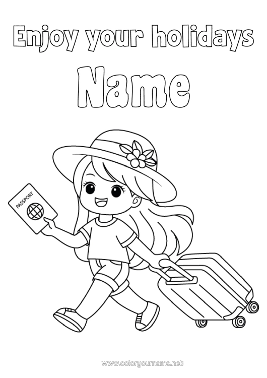 Colouring page to print Girl Holidays Hat Luggage And Bags