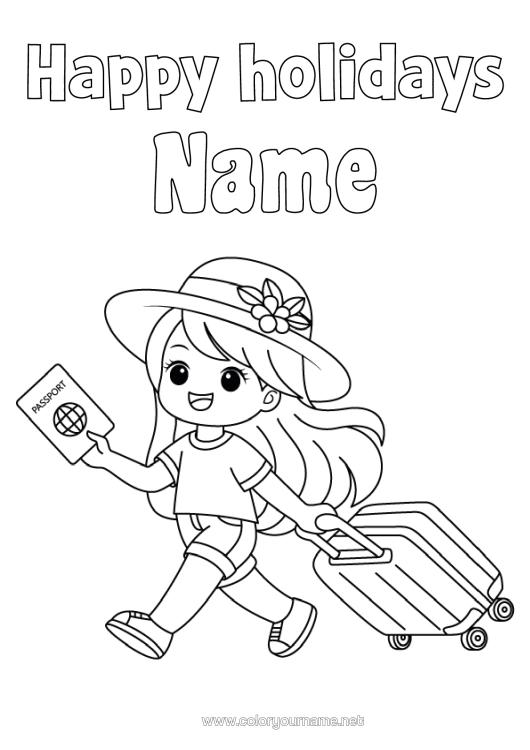 Coloring page to print Girl Holidays Hat Suitcases And Luggage