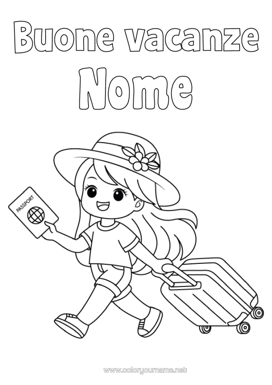 Pagina da colorare da stampare Ragazza Vacanze Cappello Valigie E Bagagli