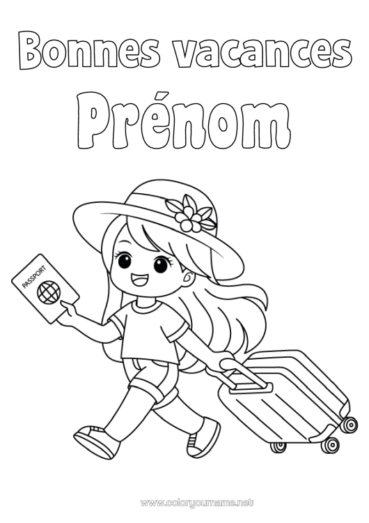 Coloriage à imprimer Fille Vacances Chapeau Valises Et Bagages