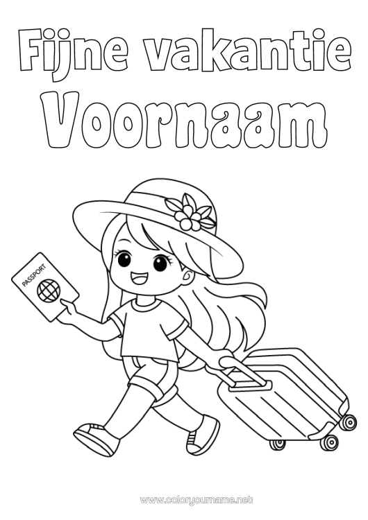 Kleurplaat om af te drukken Meisje Vakantie Hoed Koffers En Bagage