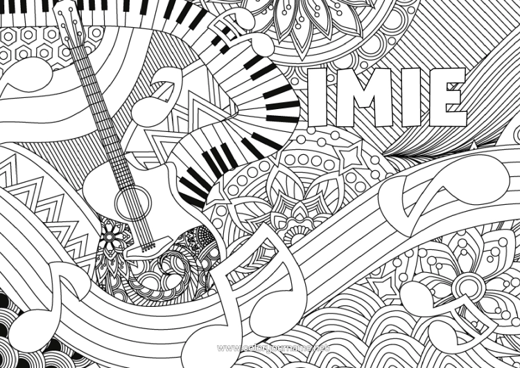 Kolorowanka do wydruku Muzyka Złożone Kolorowanki Zentangle Święto Muzyki Gitara Piano Instrumenty Muzyczne Tło Dekoracyjne Nutka