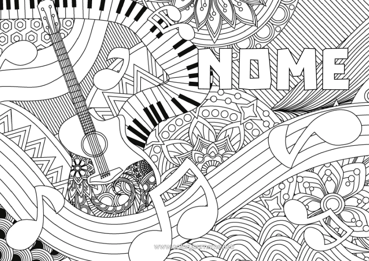 Pagina da colorare da stampare Musica Colorazioni Complesse Zentangle Festa Della Musica Chitarra Pianoforte Strumenti Musicali Sfondo Decorativo Nota Musicale