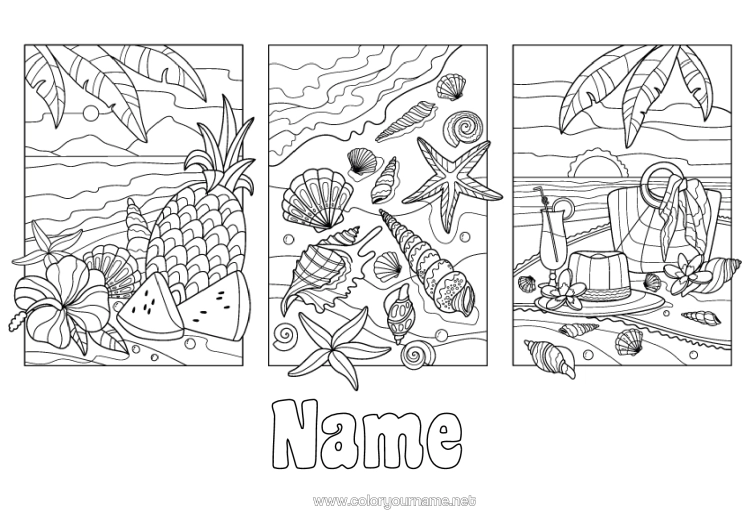 Colouring page to print Holidays Summer Beach Pineapple Fruit Shellfish Starfish Marine Or Aquatic Animals Hibiscus