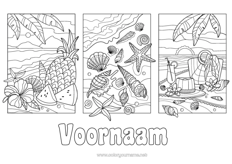 Kleurplaat om af te drukken Vakantie Zomer Strand Ananas Fruit Schelpen Zeester Zeedieren Hibiscus