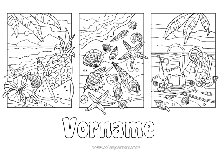 Malvorlage zum Ausdrucken Urlaub Sommer Strand Ananas Früchte Muscheln Seestern Meeres- Oder Wasserlebewesen Hibiskus
