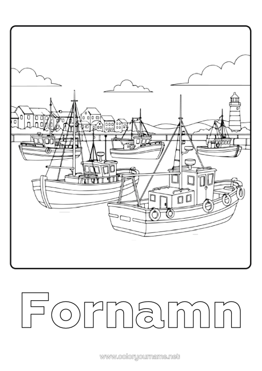 Färgläggningssida att skriva ut Fiske Fordon Båt Fyr Marina Fordon Fiskare Till Sjöss Havets Yrken Fiskhamn
