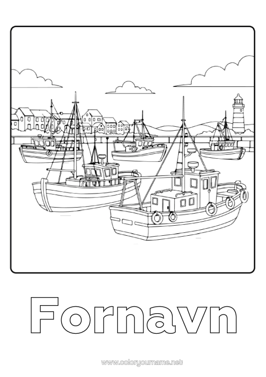 Farvelægningssiden til udskrivning Fiskeri Køretøjer Båd Fyrtårn Søfartøjer Fisker Marin Havets Erhverv Fiskerihavn
