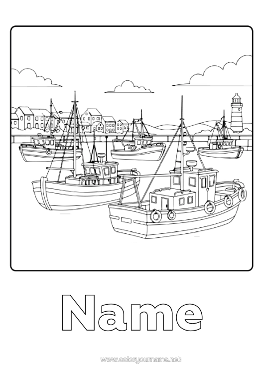 Colouring page to print Fishing Vehicles Boat Lighthouse Marine Vehicles Fisherman Marine Occupations Fishing Port