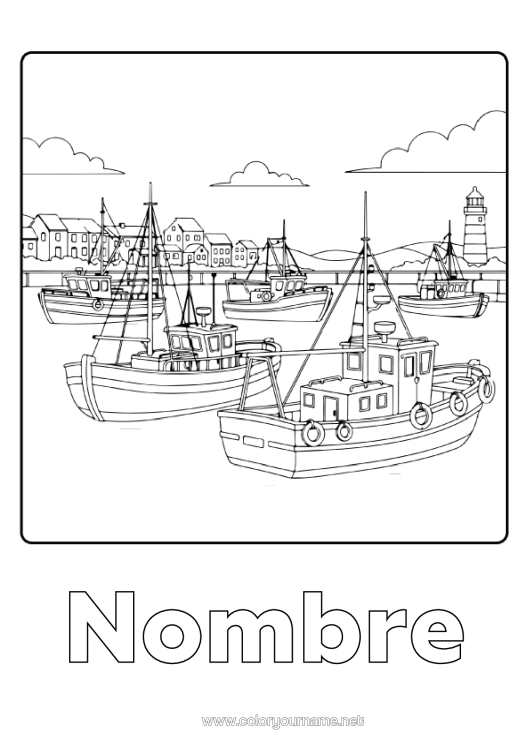 Dibujo para colorear para imprimir Pesca Vehículos Barco Faro Vehículos Marítimos Pescador Oficios Del Mar Puerto Pesquero