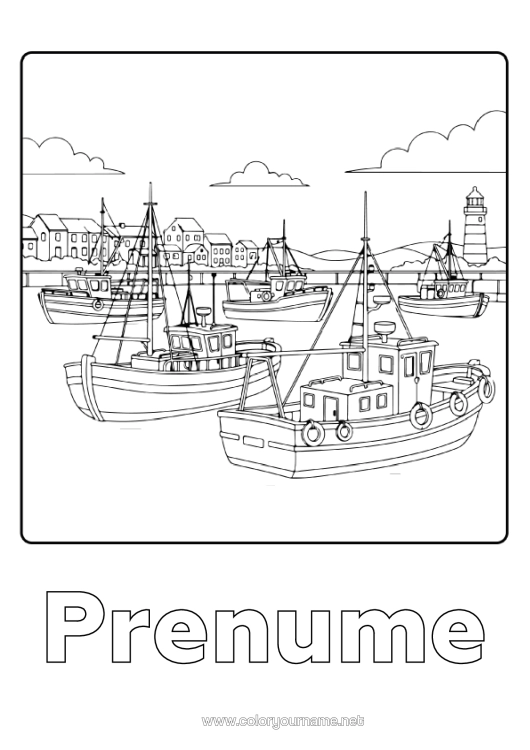 Pagină de colorat de imprimat Pește Vehicule Barcă Far Vehicule Maritime Marin Pescar Meserii Maritime Port De Pescuit