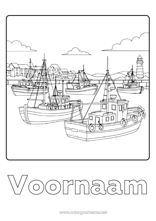Kleurplaat om af te drukken Vissen Voertuigen Boot Vuurtoren Maritieme Voertuigen Visserman Zeeberoepen Vissershaven