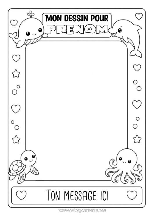 Coloriage à imprimer Baleine Dauphin Animaux Marins Ou Aquatique Pieuvre, Poulpe Cadre Tortue Marine