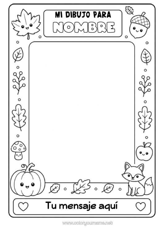 Dibujo para colorear para imprimir Calabaza Otoño Zorro Hojas Simbolos Animales Del Bosque Bellota Marco Hojas Muertas Marco De Dibujo