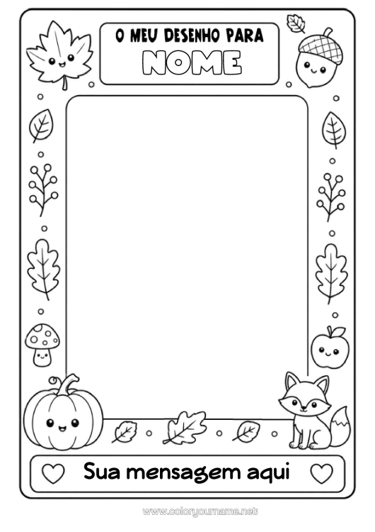 Página de desenho para imprimir Abóbora Outono Raposa Folhas Símbolos Animais Da Floresta Glândula Moldura Folhas Secas Quadro De Desenho