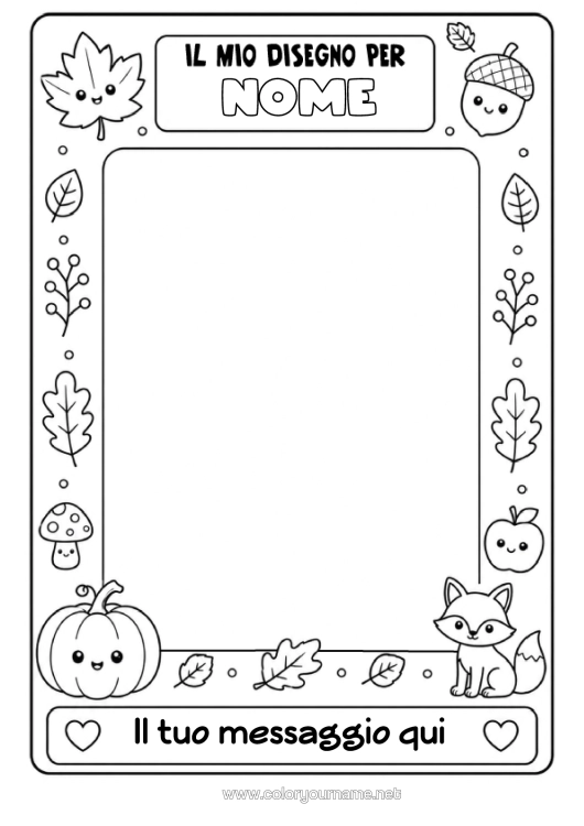 Pagina da colorare da stampare Zucca Autunno Volpe Foglie Simboli Animali Della Foresta Ghianda Cornice Foglie Morte Cornice Per Disegno