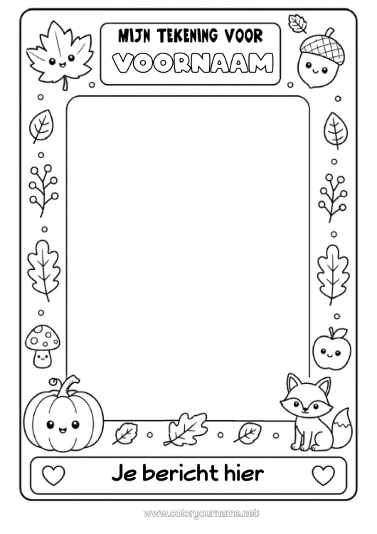 Kleurplaat om af te drukken Pompoen Herfst Vos Bladeren Symbolen Bosdieren Eikel Kader Dode Bladeren Tekening Kader
