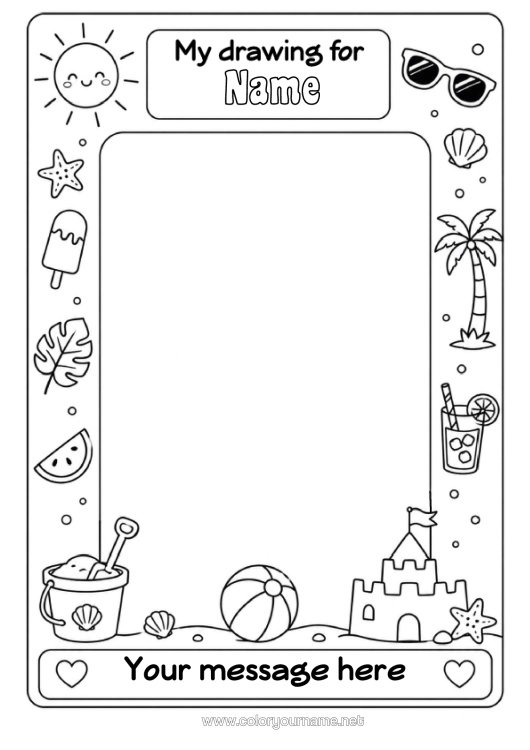 Coloring page to print Summer Sun Palm Fruits Symbols Sandcastle Cocktail Watermelon Beach Ball Beach Bucket Games And Toys Frame Sunglasses Drawing Frame
