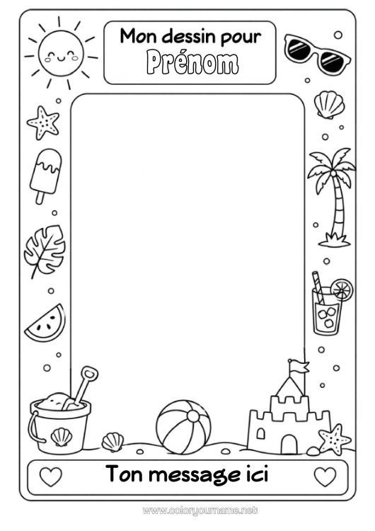 Coloriage à imprimer Été Soleil Palmier Fruits Symboles Château De Sable Cocktail Pastèque Ballon De Plage Seau De Plage Jeux Et Jouets Cadre Lunettes De Soleil Cadre De Dessin