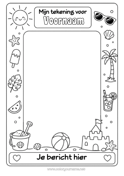 Kleurplaat om af te drukken Zomer Zon Palmboom Fruit Symbolen Zandkasteel Cocktail Watermeloen Strandbal Strandemmertje Spellen En Speelgoed Kader Zonnebril Tekening Kader