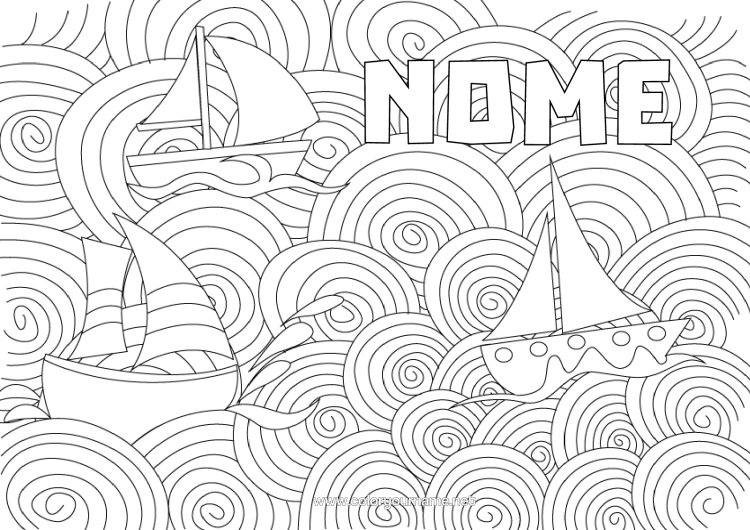 Pagina da colorare da stampare Mare Barca Vela Colorazioni Complesse Zentangle Veicoli Marittimi Onde