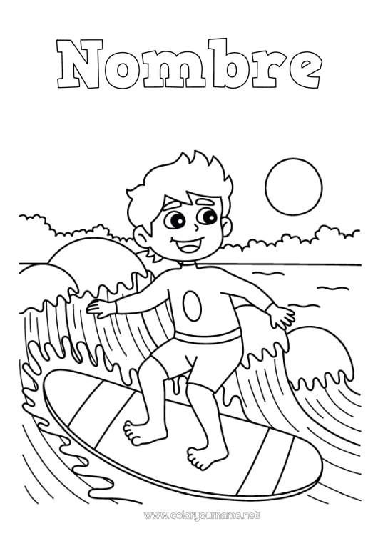 Dibujo para colorear para imprimir Chico Surf Deportes Náuticos Olas