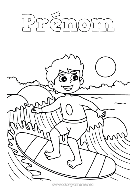 Coloriage à imprimer Garçon Surf Sports Nautiques Vagues