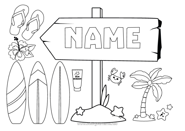 Coloring page to print Holidays Flip Flops Surf Hibiscus Nautical Sports Sign