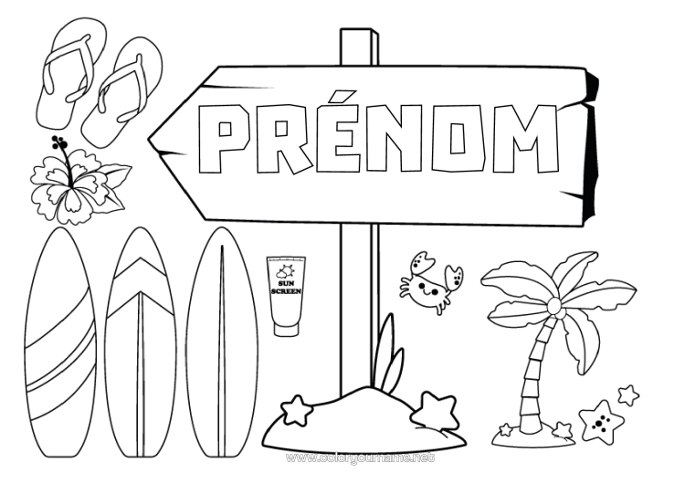 Coloriage à imprimer Vacances Tong Surf Hibiscus Sports Nautiques Pancarte