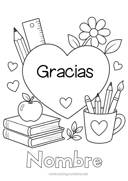 Dibujo para colorear para imprimir Corazón Gran Corazón Libro Lectura Lápiz Regreso A Clases Útiles Escolares Tarro De Lápices