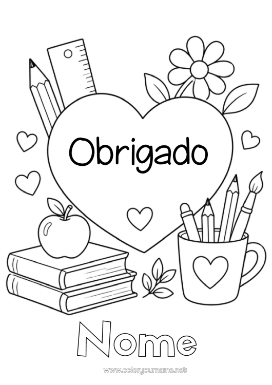 Página de desenho para imprimir Coração Grande Coração Livro Leitura Lápis Volta Às Aulas Materiais Escolares Pote De Lápis