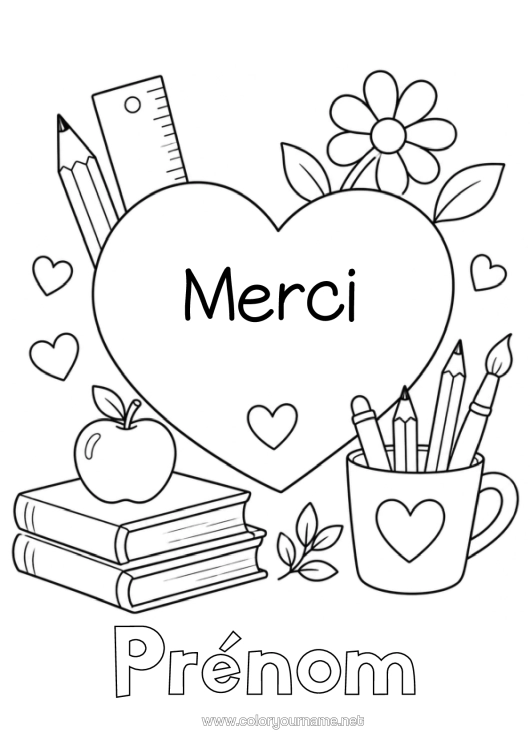 Coloriage à imprimer Coeur Grand Coeur Livre Lecture Crayon Rentrée Scolaire Fournitures Scolaires Pot De Crayons