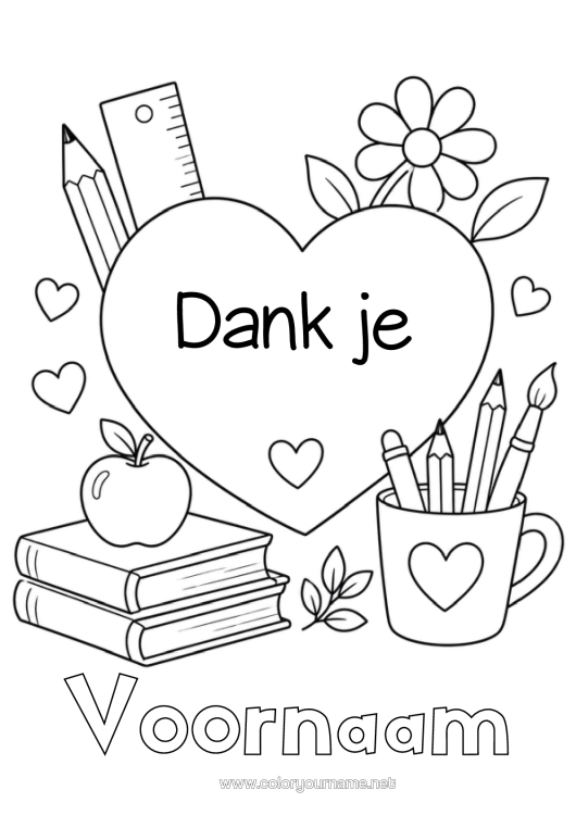 Kleurplaat om af te drukken Hart Groot Hart Boek Lezen Potlood Terug Naar School Schoolbenodigdheden Potloodhouder