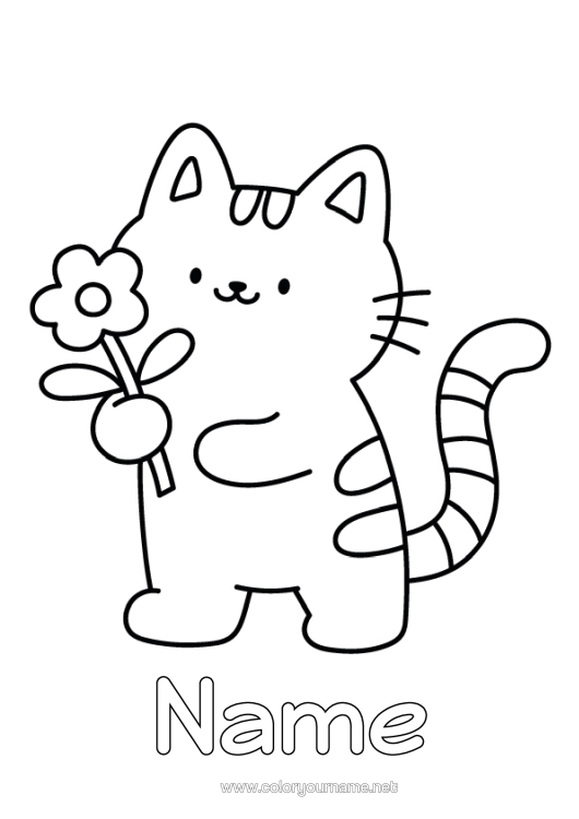 Coloring page to print Flowers Cat Kawaii Animal Easy Coloring Pages Dog And Cat