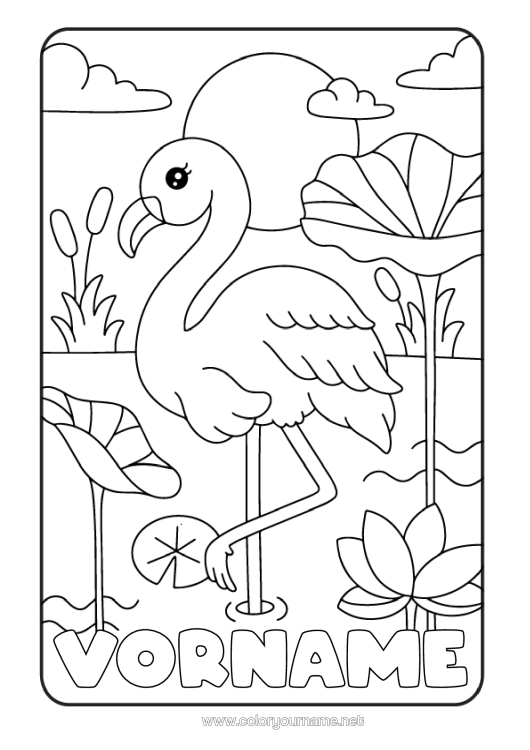 Malvorlage zum Ausdrucken Blumen Tier Flamingo Vögel Und Fliegende Säugetiere Seerose