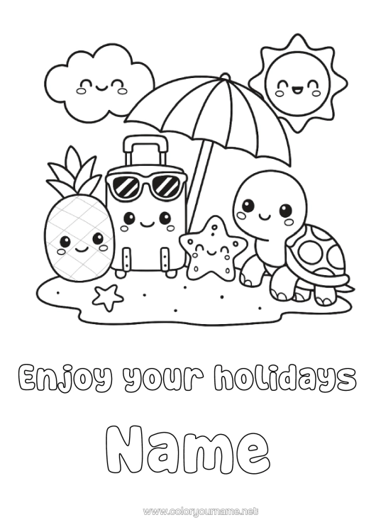 Colouring page to print Cute Holidays Sun Pineapple Fruit Marine Or Aquatic Animals Reptiles Parasol Luggage And Bags Sea Turtle Tortoise Sunglasses