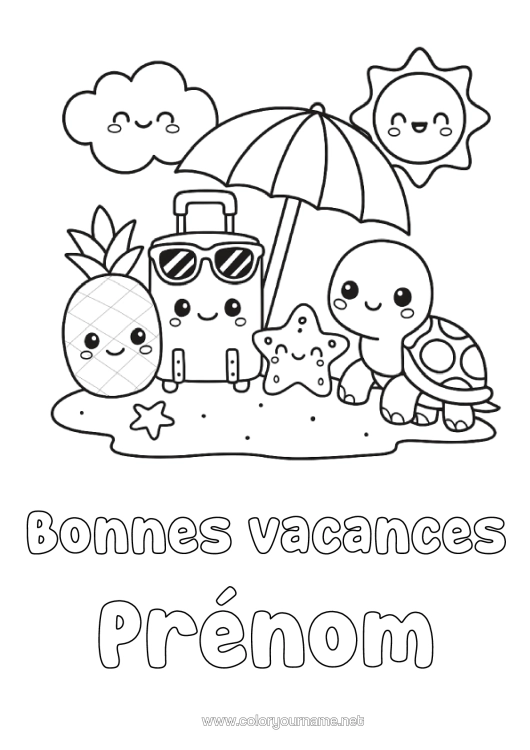 Coloriage à imprimer Kawaii Vacances Soleil Ananas Fruits Animaux Marins Ou Aquatique Reptiles Parasol Valises Et Bagages Tortue Marine Tortue Terrestre Lunettes De Soleil