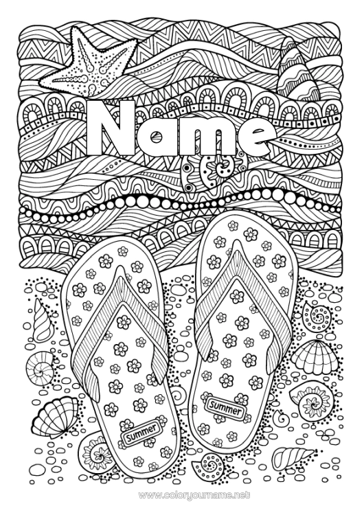 Coloring page to print Sea Shell Flip Flops Complex Coloring Pages Zentangle Starfish Marine Or Aquatic Animals Waves