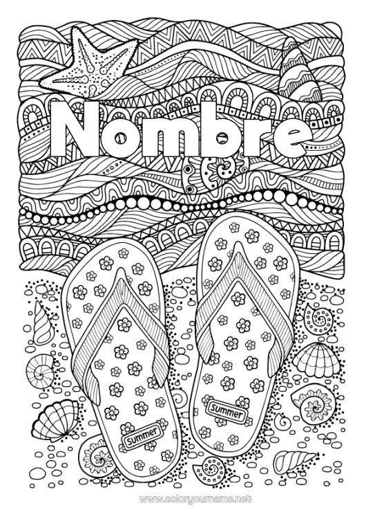 Dibujo para colorear para imprimir Conchas Marinas Chanclas Dibujos Complejos Para Colorear Zentangle Estrella De Mar Animales Marinos O Acuáticos Olas