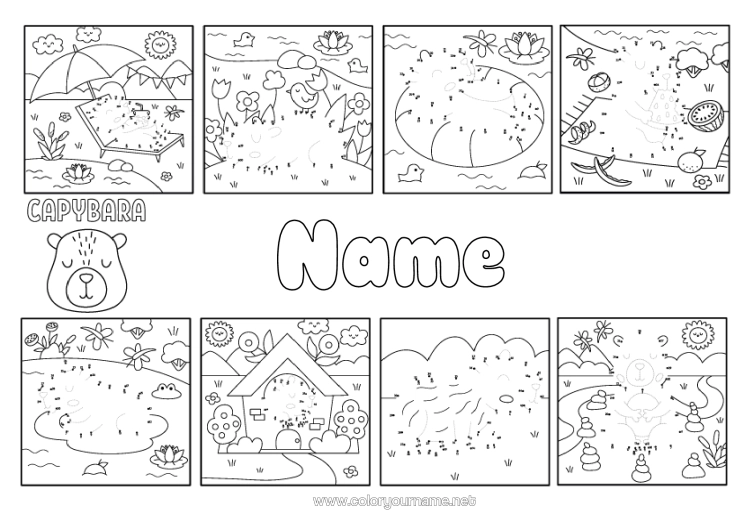 Colouring page to print Holidays Summer Children's Activities Animal Other Animals Of The World Parasol Buoy Connect The Numbers Capybara