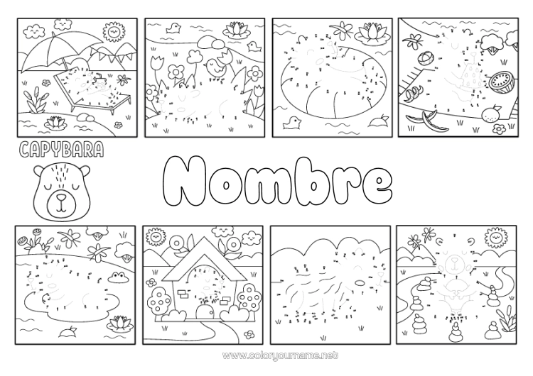 Dibujo para colorear para imprimir Vacaciones Verano Actividades Para Niños Animales Otros Animales Del Mundo Parasol, Sombrilla De Playa Boya Une Los Números Capibara