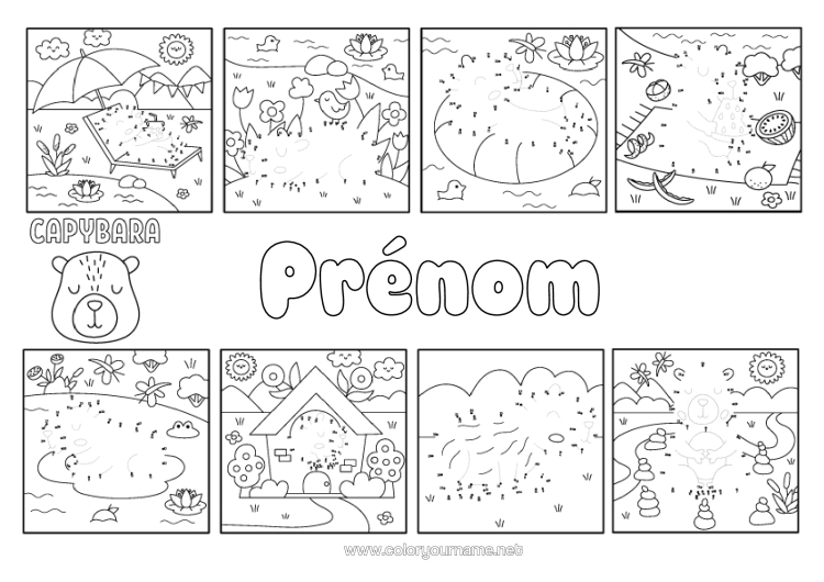 Coloriage à imprimer Vacances Été Activités Enfants Animal Autres Animaux Du Monde Parasol Bouée Nombres À Relier Capibara