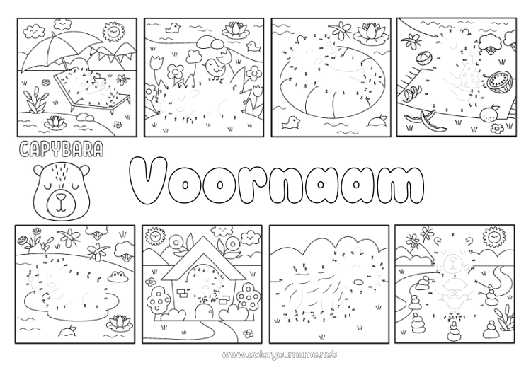 Kleurplaat om af te drukken Vakantie Zomer Activiteiten Voor Kinderen Dier Andere Dieren Van De Wereld Parasol Reddingsboei Verbind De Getallen Capibara
