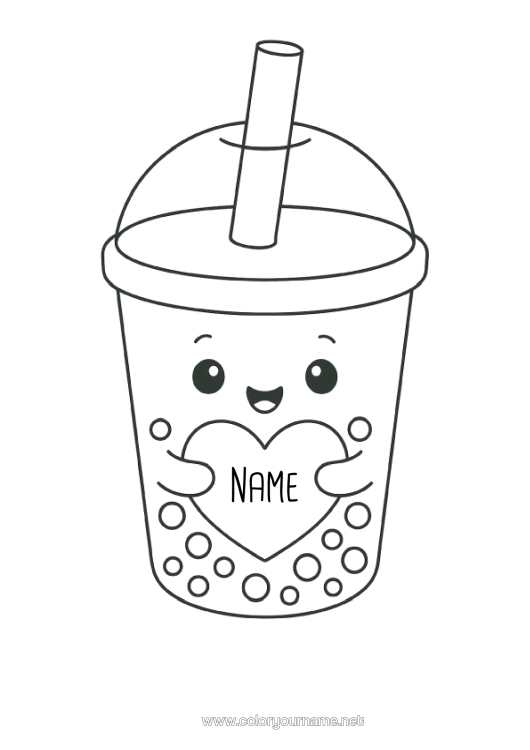 Colouring page to print Heart Cute Drink Bubble Tea
