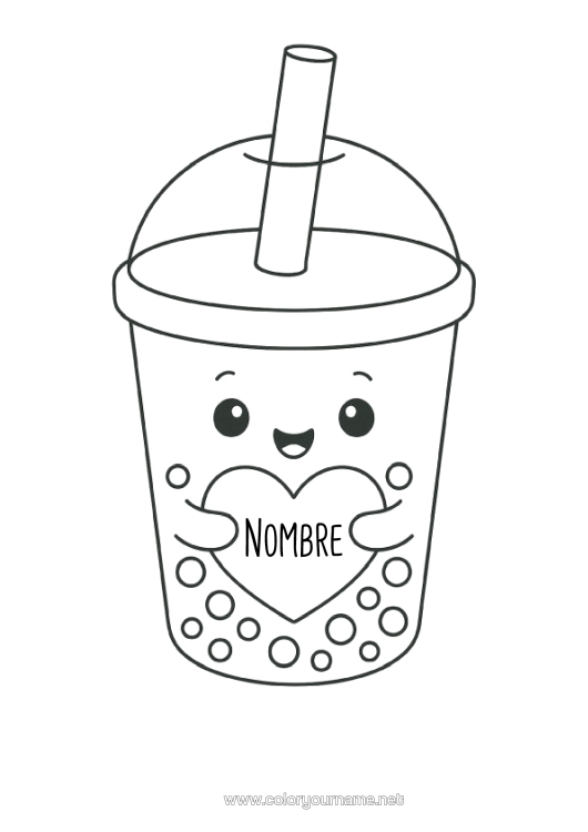 Dibujo para colorear para imprimir Corazón Kawaii Bebidas Bubble Tea