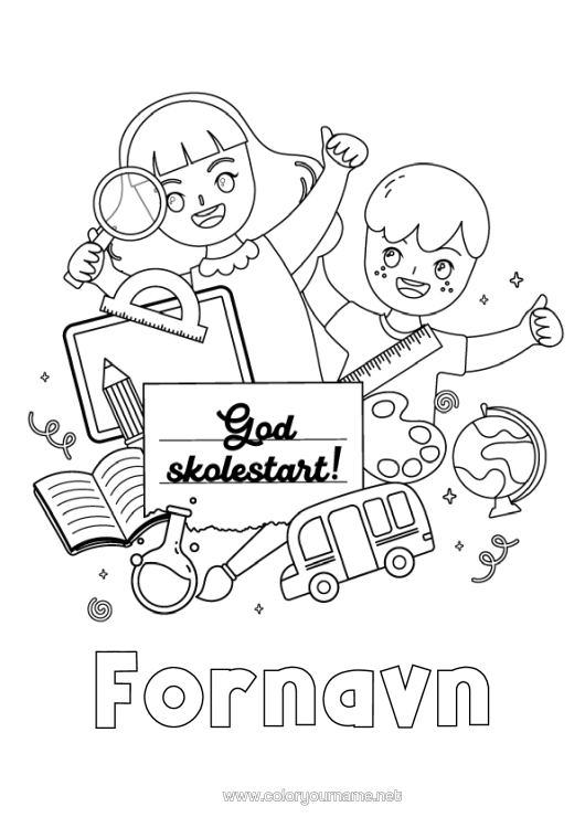 Fargeleggingssiden til utskrift Barn Buss, Bil Bakketransport Offentlig Transport Jordklode Skolestart "God Skolestart!" Elev Skoleutstyr