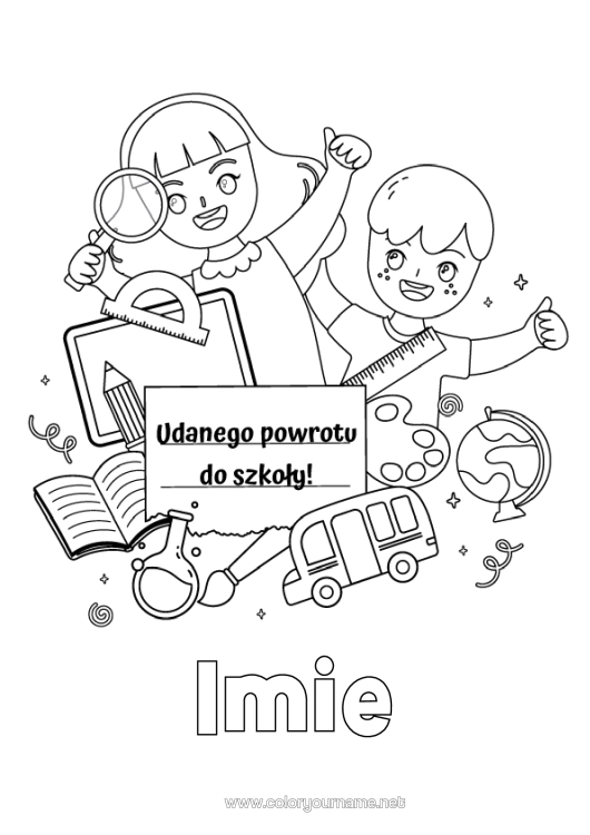 Kolorowanka do wydruku Dziecko Autobus, Samochód Transport Public Lądowy Globus Ziemski Powrót Do Szkoły "Udanych Powrotów Do Szkoły!" Uczeń Artykuły Szkolne