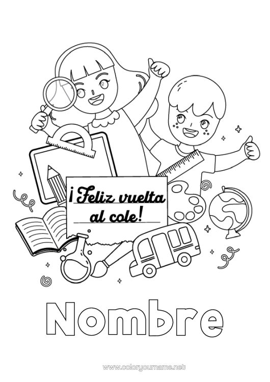 Dibujo para colorear para imprimir Niño Autobús, Autocar Transporte Público Terrestre Globo Terráqueo Regreso A Clases ¡Feliz Regreso A Clases Mensaje! Estudiante Útiles Escolares