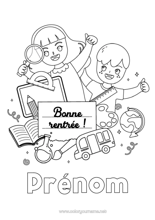 Coloriage à imprimer Enfant Bus, Car Transport En Commun Terrestres Globe Terrestre Rentrée Scolaire "Bonne Rentré" Message Élève Fournitures Scolaires